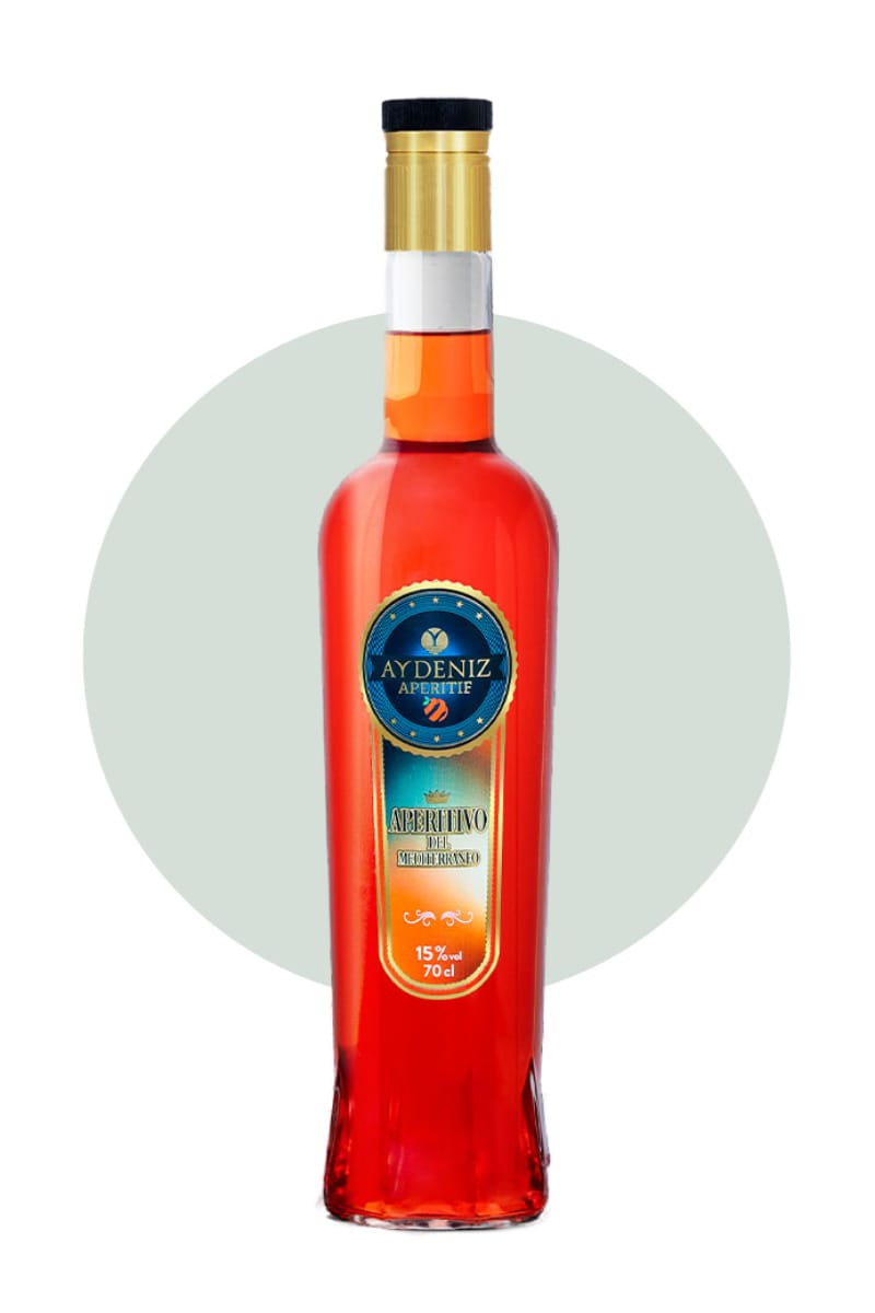 Yakamoz-Aydeniz-Aperitivo-del-Mediterraneo-Antalya-Tuerkei-Flasche Detail Etikett: Yakamoz-Aydeniz-Aperitivo-Etikett-Nahaufnahme